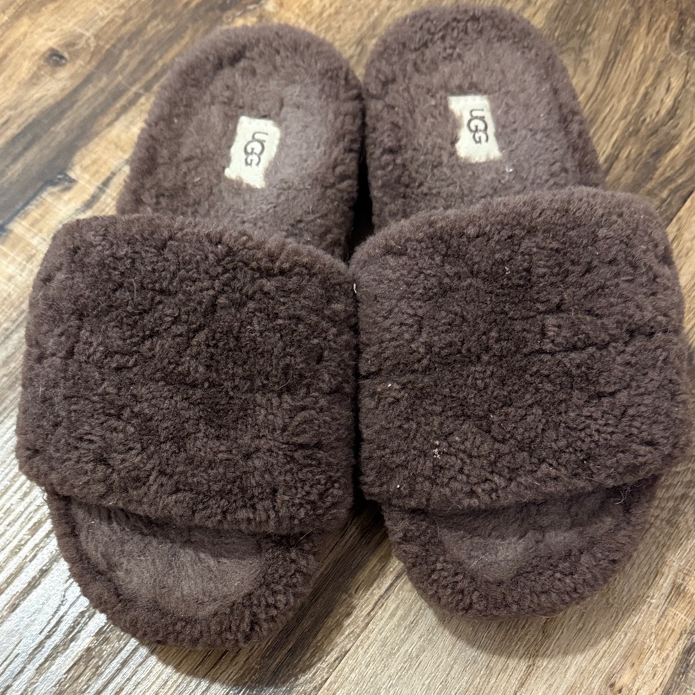 UGG Chocolate Brown Sherling Plush Slides Size 8 Cozette - Picture 6 of 7